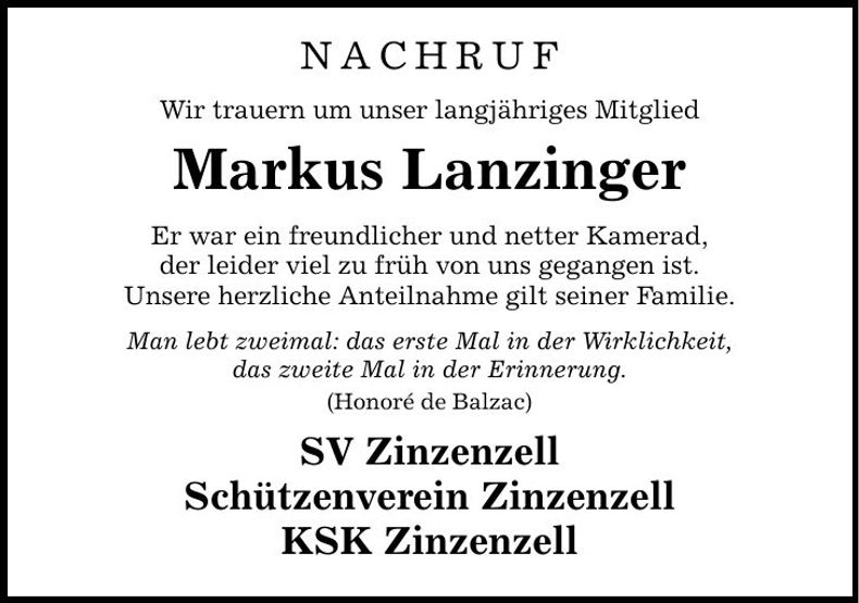 Traueranzeige Markus Lanzinger