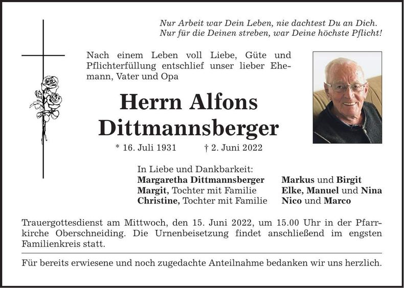 Traueranzeige Alfons Dittmannsberger