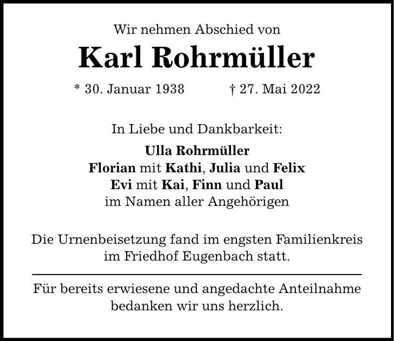 Traueranzeige Karl Rohrmüller