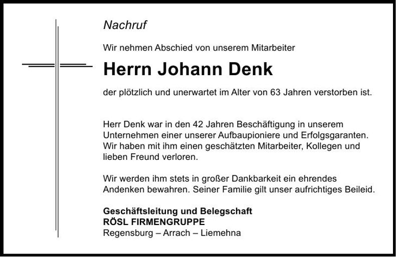 Traueranzeige Johann Denk