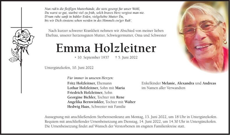 Traueranzeige Emma Holzleitner