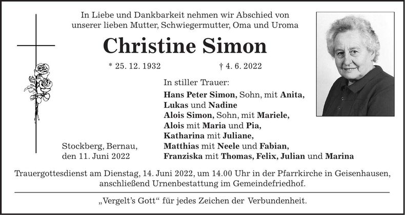 Traueranzeige Christine Simon