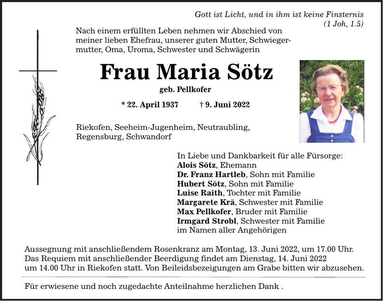 Traueranzeige Maria Sötz