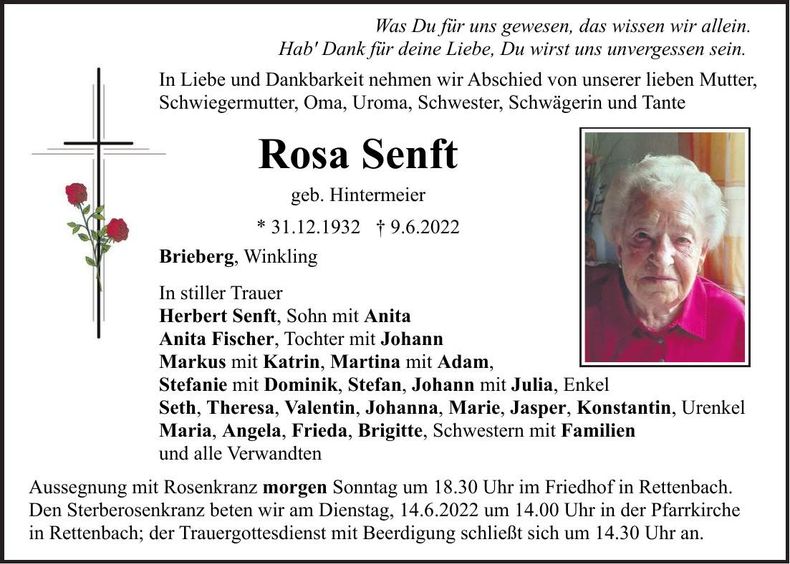 Traueranzeige Rosa Senft