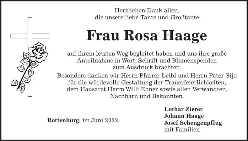 Traueranzeige Rosa Haage