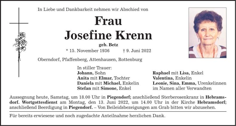 Traueranzeige Josefine Krenn