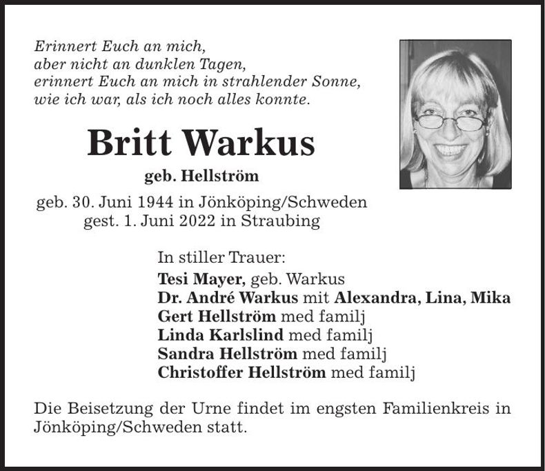 Traueranzeige Britt Warkus