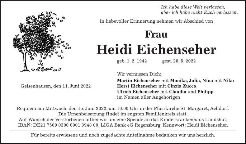 Traueranzeige Heidi Eichenseher