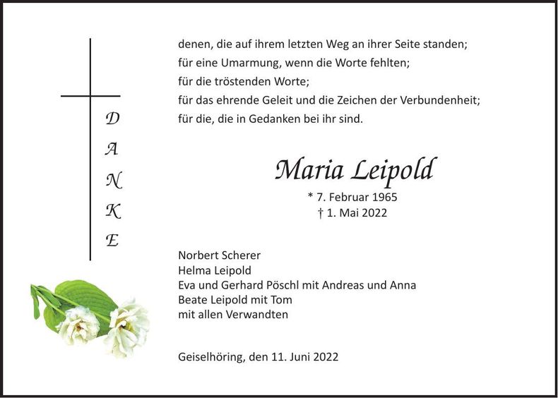 Traueranzeige Maria Leipold