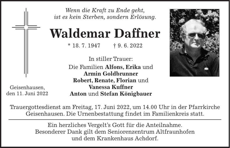 Traueranzeige Waldemar Daffner