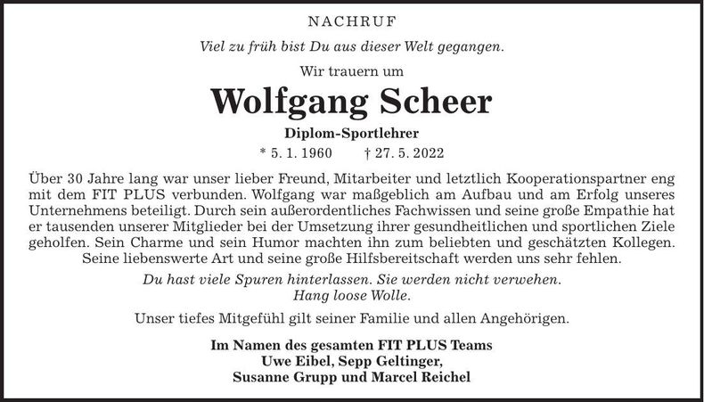 Traueranzeige Wolfgang Scheer