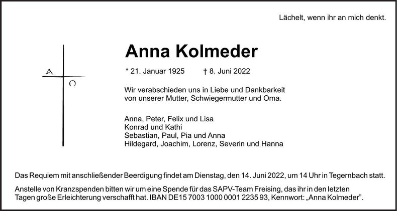 Traueranzeige Anna Kolmeder