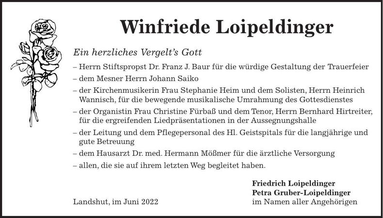 Traueranzeige Winfriede Loipeldinger