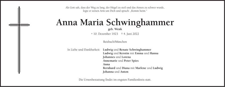 Traueranzeige Anna Maria Schwinghammer