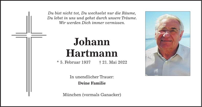 Traueranzeige Johann Hartmann