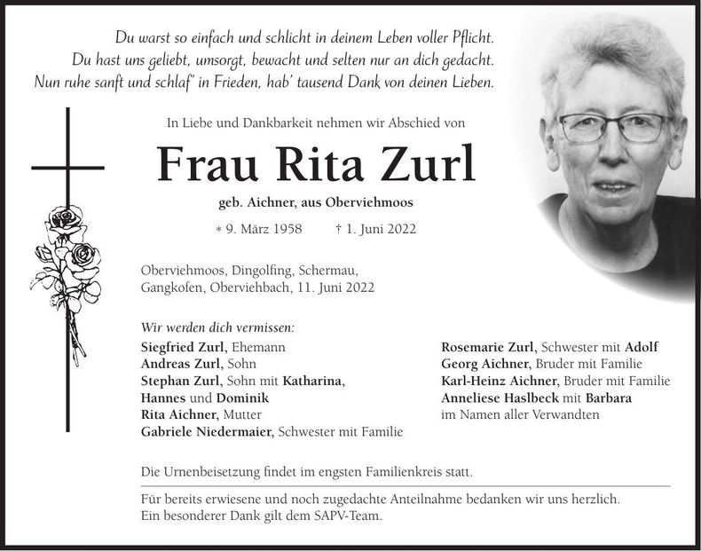 Traueranzeige Rita Zurl