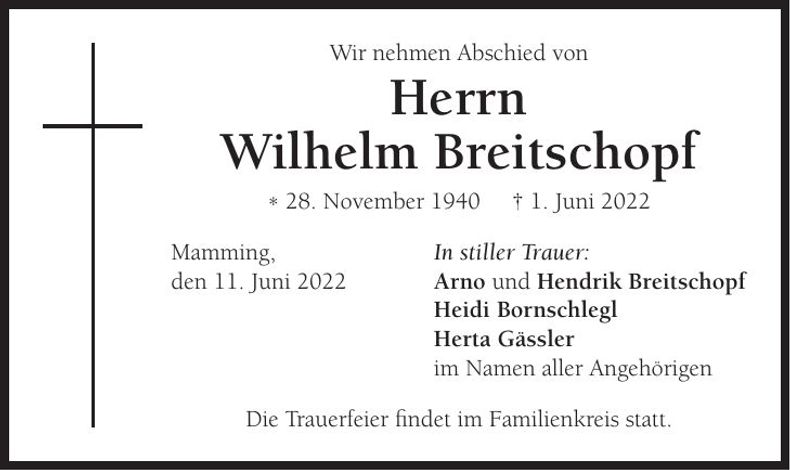 Traueranzeige Wilhelm Breitschopf