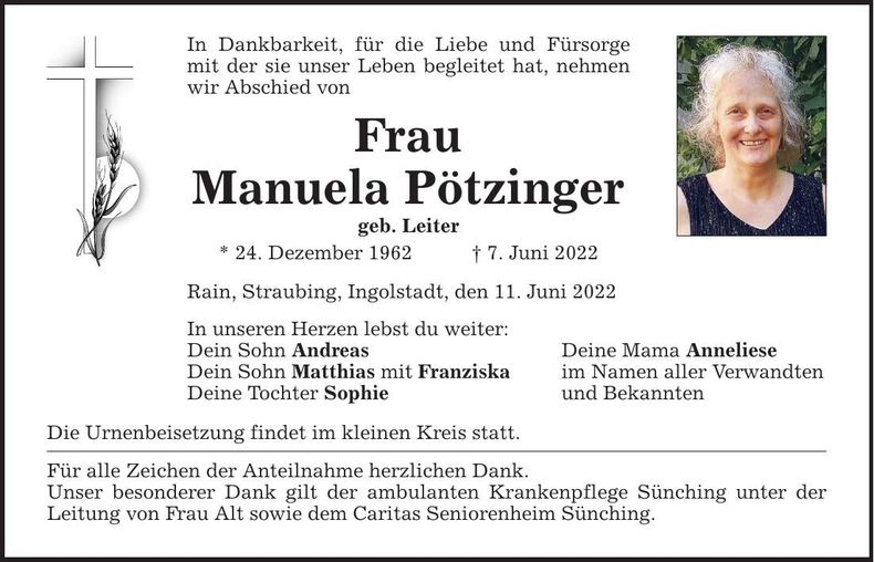 Traueranzeige Manuela Pötzinger