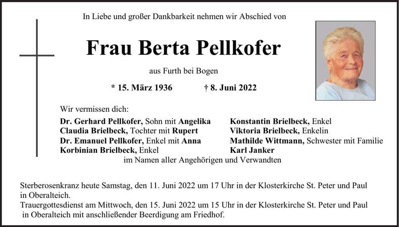 Traueranzeige Berta Pellkofer
