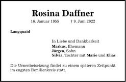 Traueranzeige Rosina Daffner