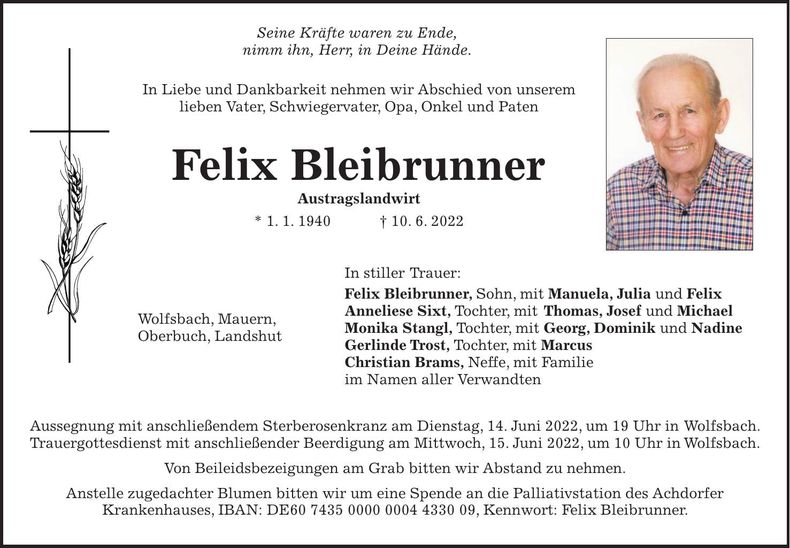 Traueranzeige Felix Bleibrunner