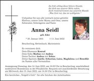 Traueranzeige Anna Seidl