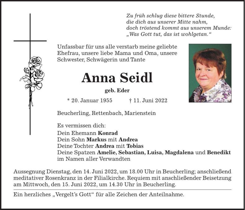 Traueranzeige Anna Seidl