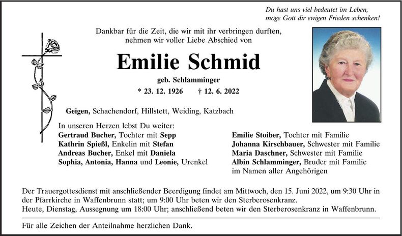 Traueranzeige Emilie Schmid