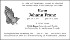 Traueranzeige Johann Franz