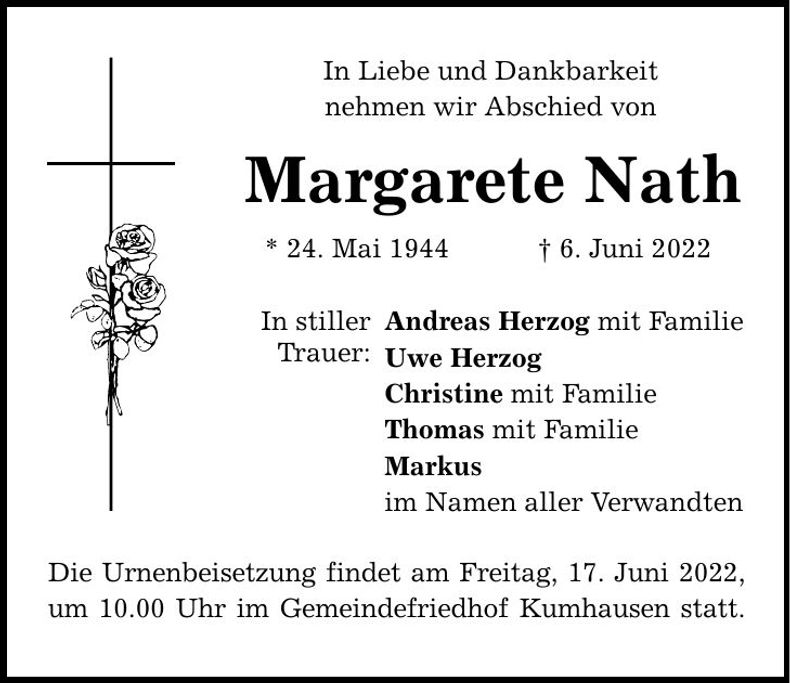 Traueranzeige Margarete Nath