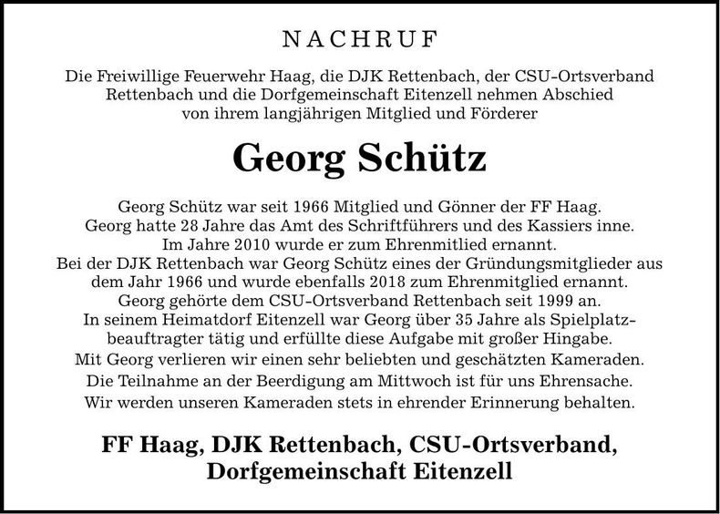 Traueranzeige Georg Schütz