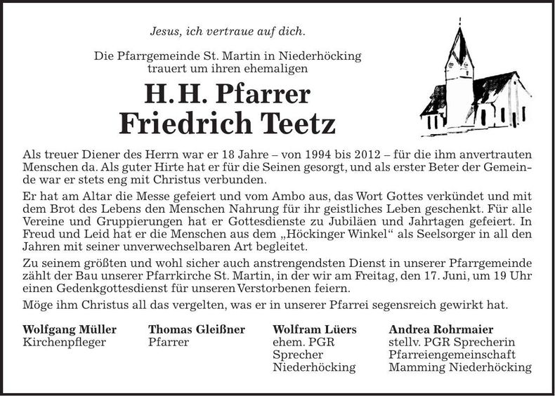 Traueranzeige H.H. Pfarrer Friedrich Teetz