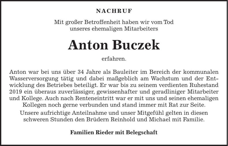 Traueranzeige Anton Buczek