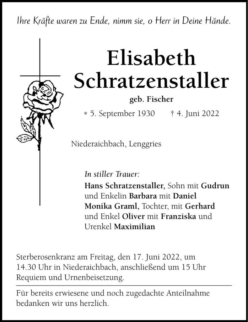 Traueranzeige Elisabeth Schratzenstaller