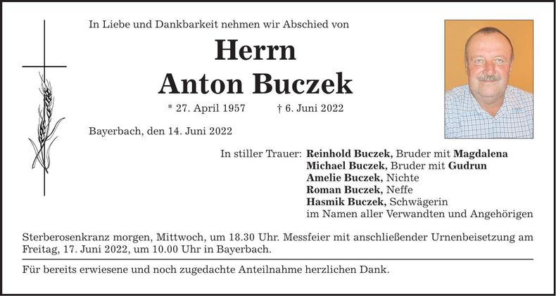 Traueranzeige Anton Buczek