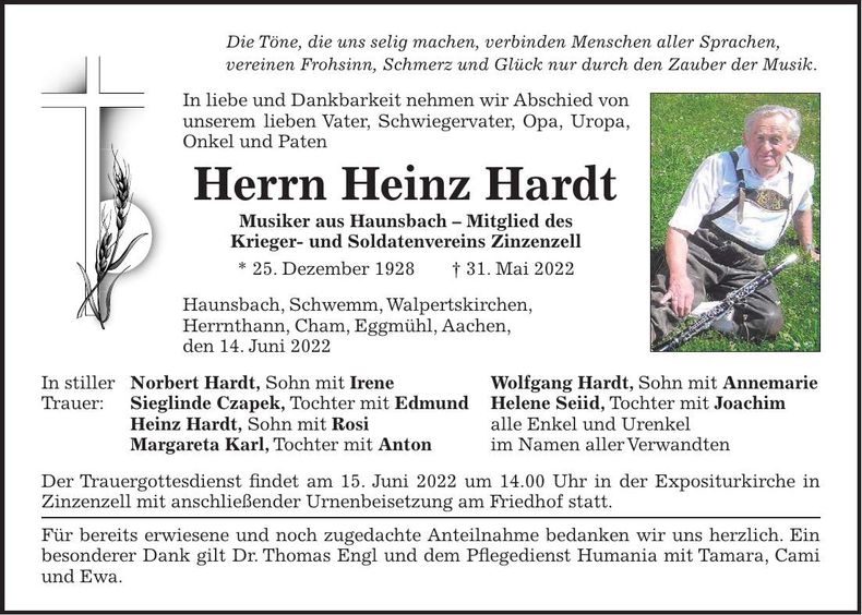 Traueranzeige Heinz Hardt