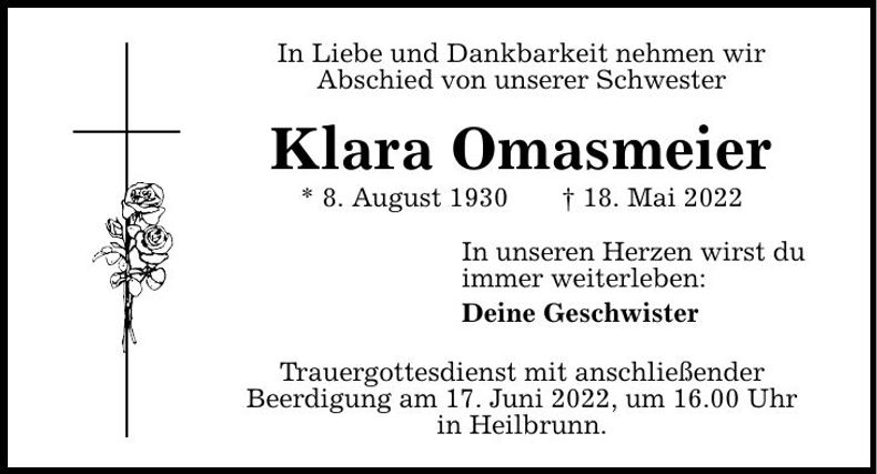 Traueranzeige Klara Omasmeier