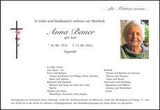 Traueranzeige Anna Bauer