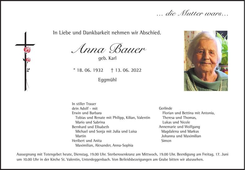Traueranzeige Anna Bauer