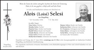 Traueranzeige Alois Selesi