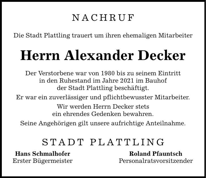 Traueranzeige Alexander Decker