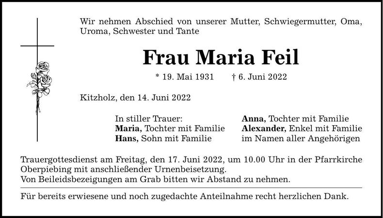 Traueranzeige Maria Feil