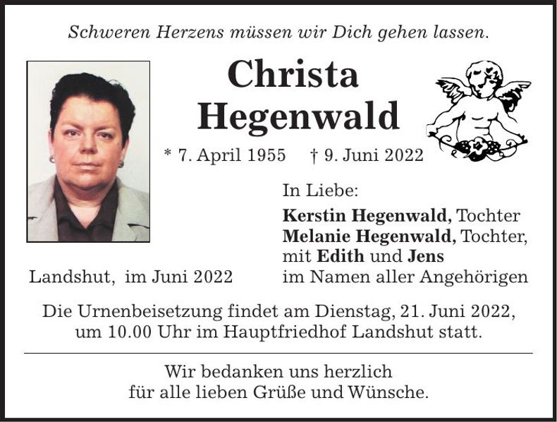 Traueranzeige Christa Hegenwald