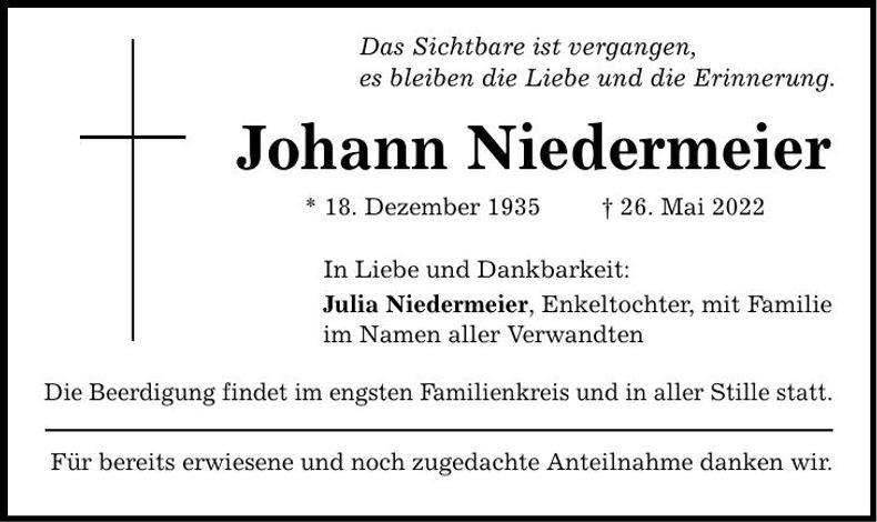 Traueranzeige Johann Niedermeier