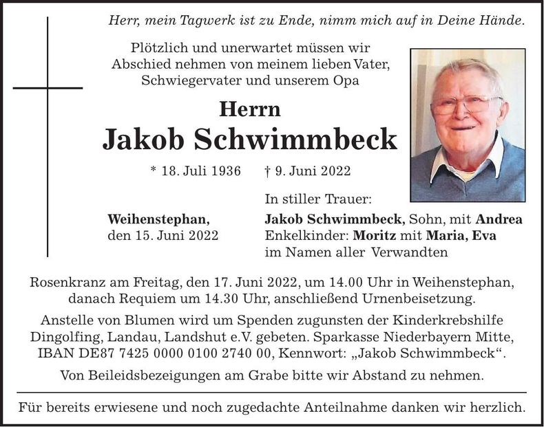 Traueranzeige Jakob Schwimmbeck