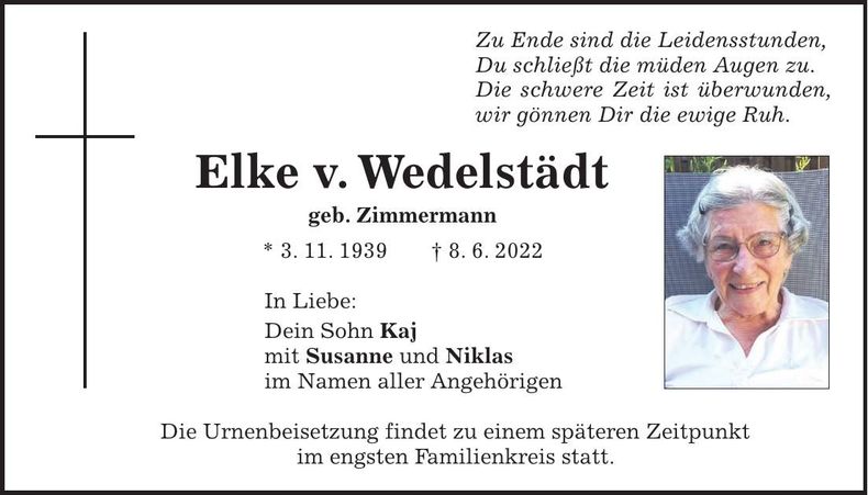 Traueranzeige Elke von Wedelstädt
