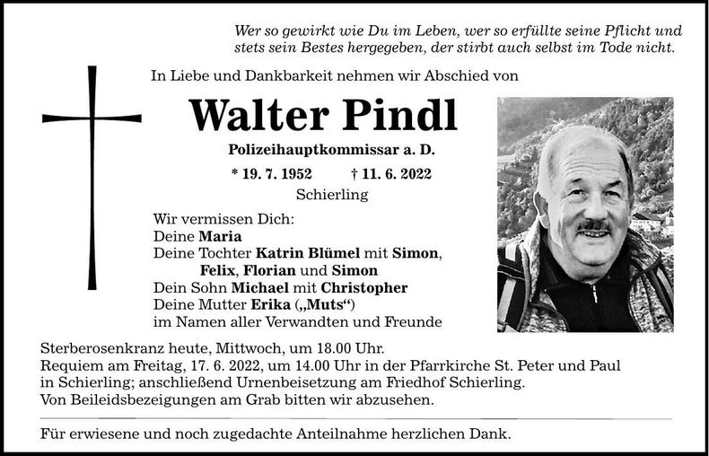 Traueranzeige Walter Pindl
