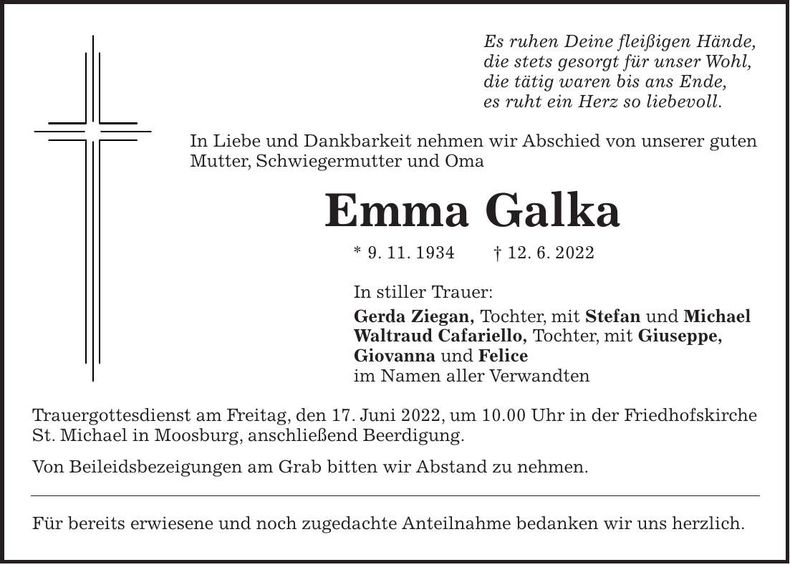 Traueranzeige Emma Galka