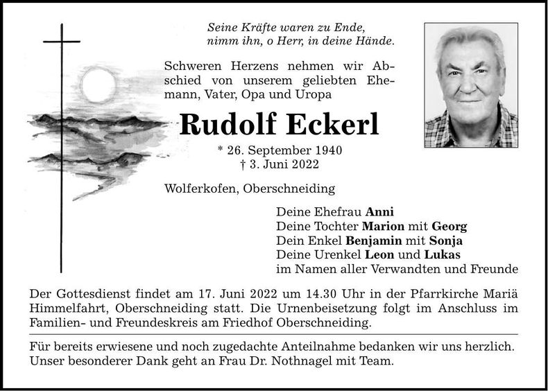 Traueranzeige Rudolf Eckerl