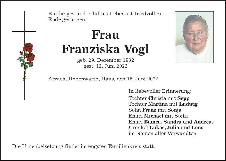 Traueranzeige Franziska Vogl